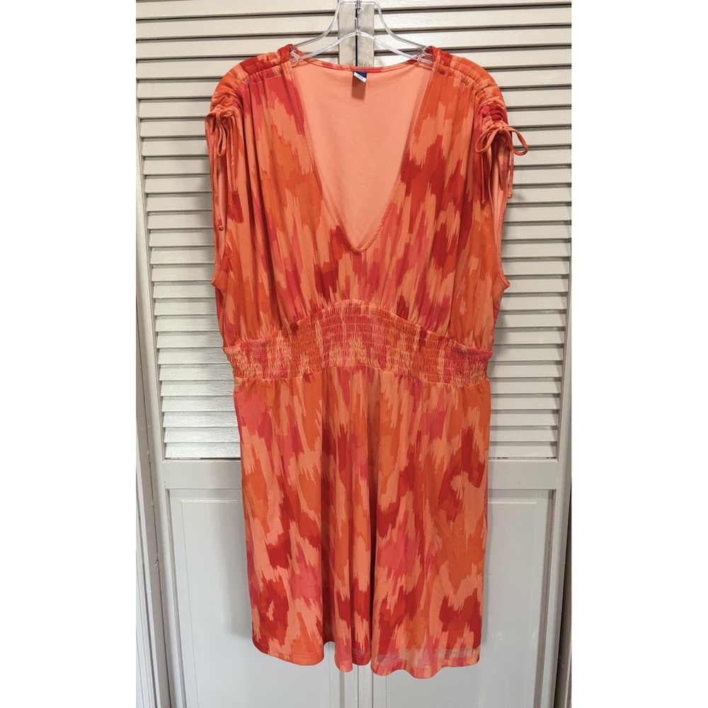 Old Navy Orange Abstract V‎ Neck Tie/Gathered Cap Sl Lined Smocked Waist Sz XXL